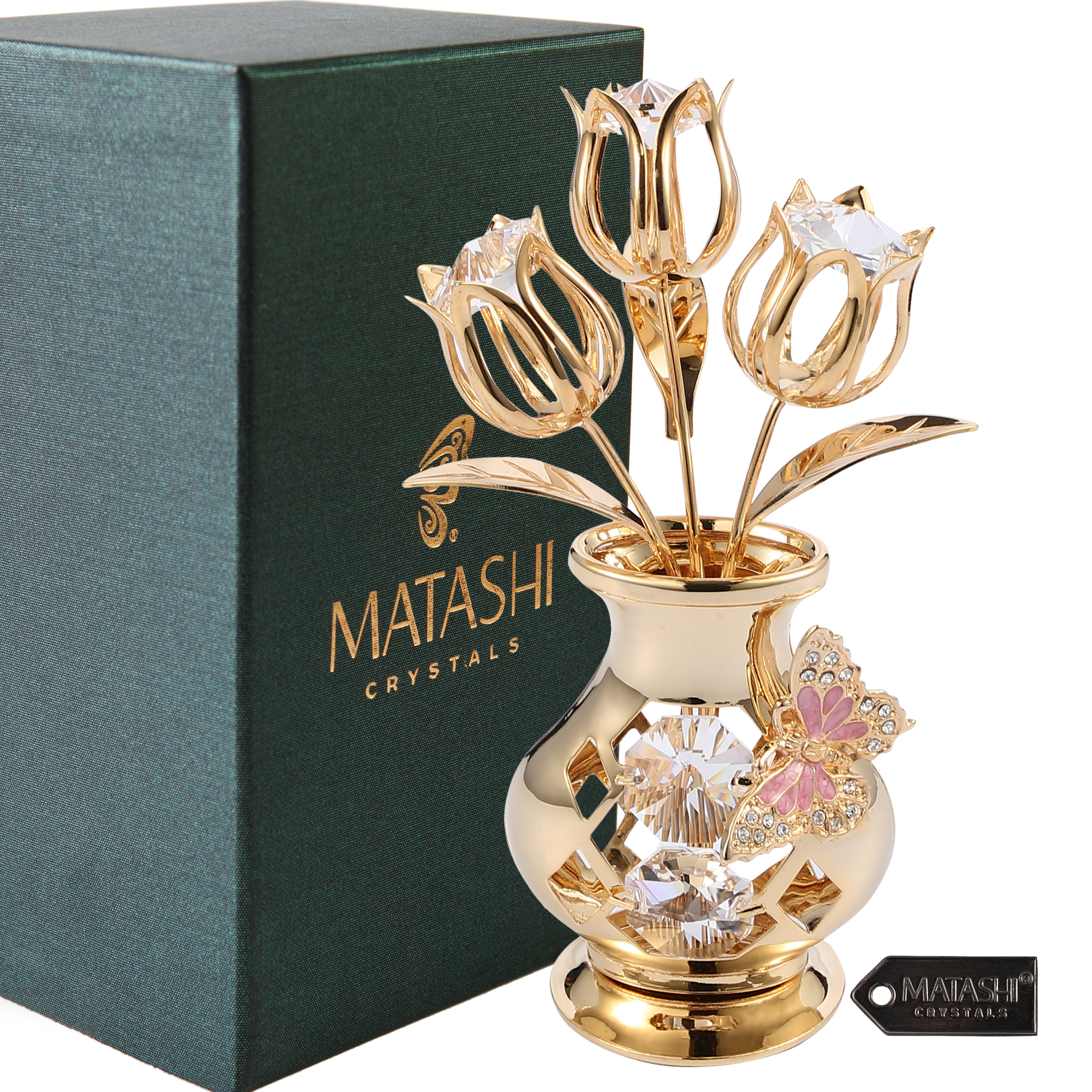 Matashi Mt11911 24k Gold Plated Crystal Studded Flower Ornament In A Vase With Decorative Butterfly Clear Crystals
