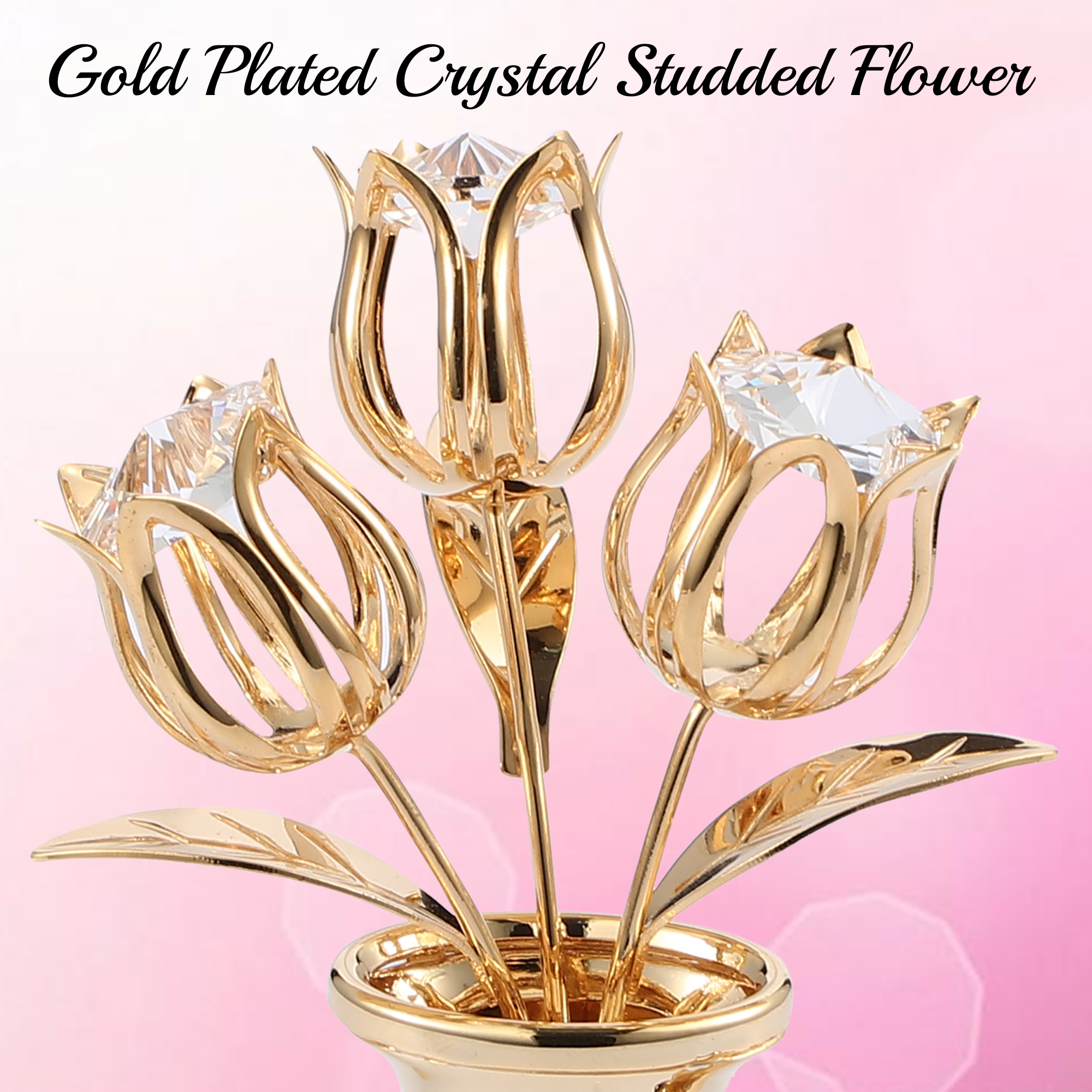 Matashi Mt11911 24k Gold Plated Crystal Studded Flower Ornament In A Vase With Decorative Butterfly Clear Crystals