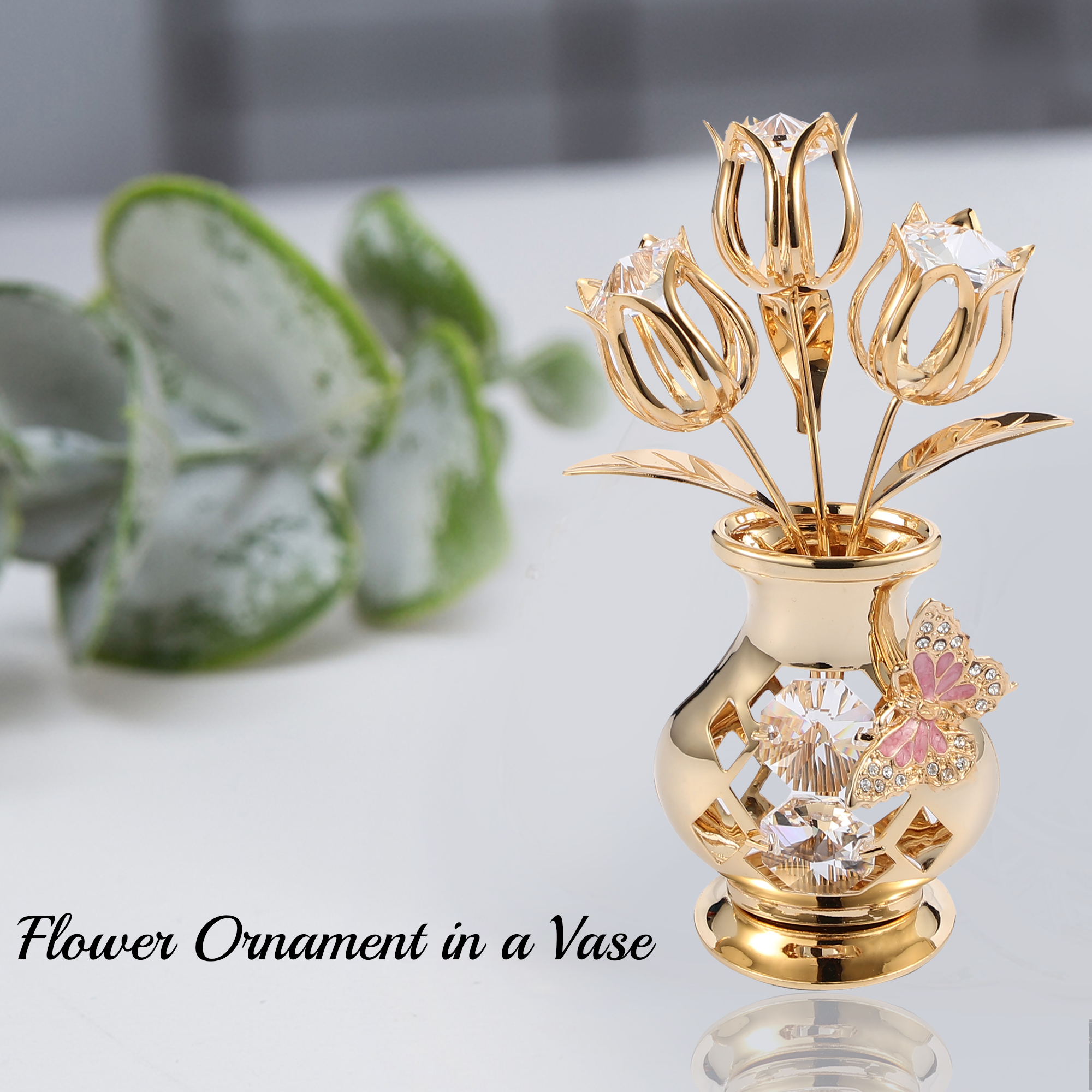 Matashi Mt11911 24k Gold Plated Crystal Studded Flower Ornament In A Vase With Decorative Butterfly Clear Crystals