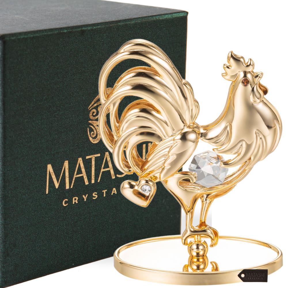 Crystal Element Studded Bouncing Rooster FIGURINE 24K Gold Plated #CRT15 