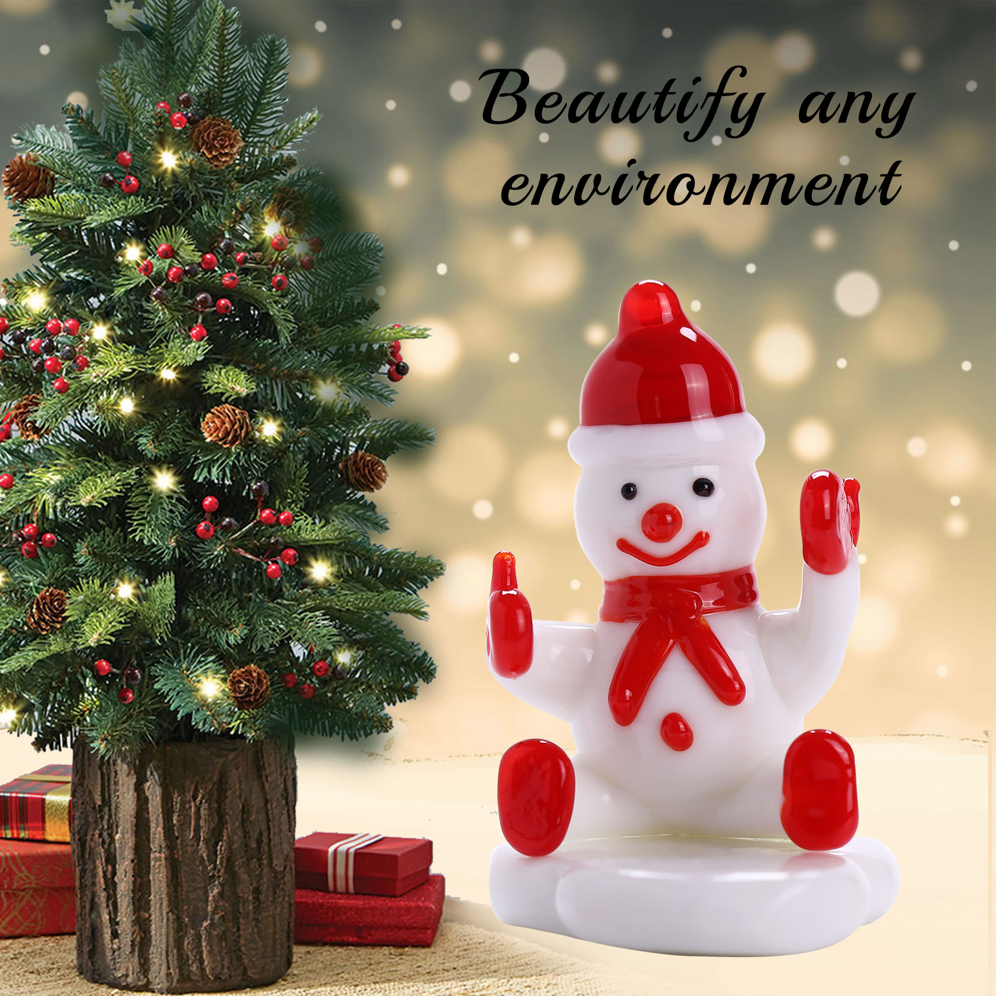 Matashi Murano Christmas Winter Decorative Glass Snowman Figurine White & Red 