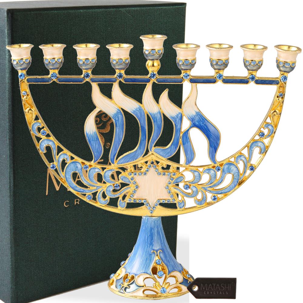 Matashi Hand Painted Blue and Ivory Regal Lion Menorah Candelabra Embellished with Gold Accents and Crystals Jewish Candle Holder Hanukkah Gift for Housewarming Showpiece for Living Room Matashi Hand Painted Blue and Ivory Regal Lion Menorah Candelabra Embellished with Gold Accents and Crystals Jewish Candle Holder Hanukkah Gift for Housewarming Showpiece for Living Room