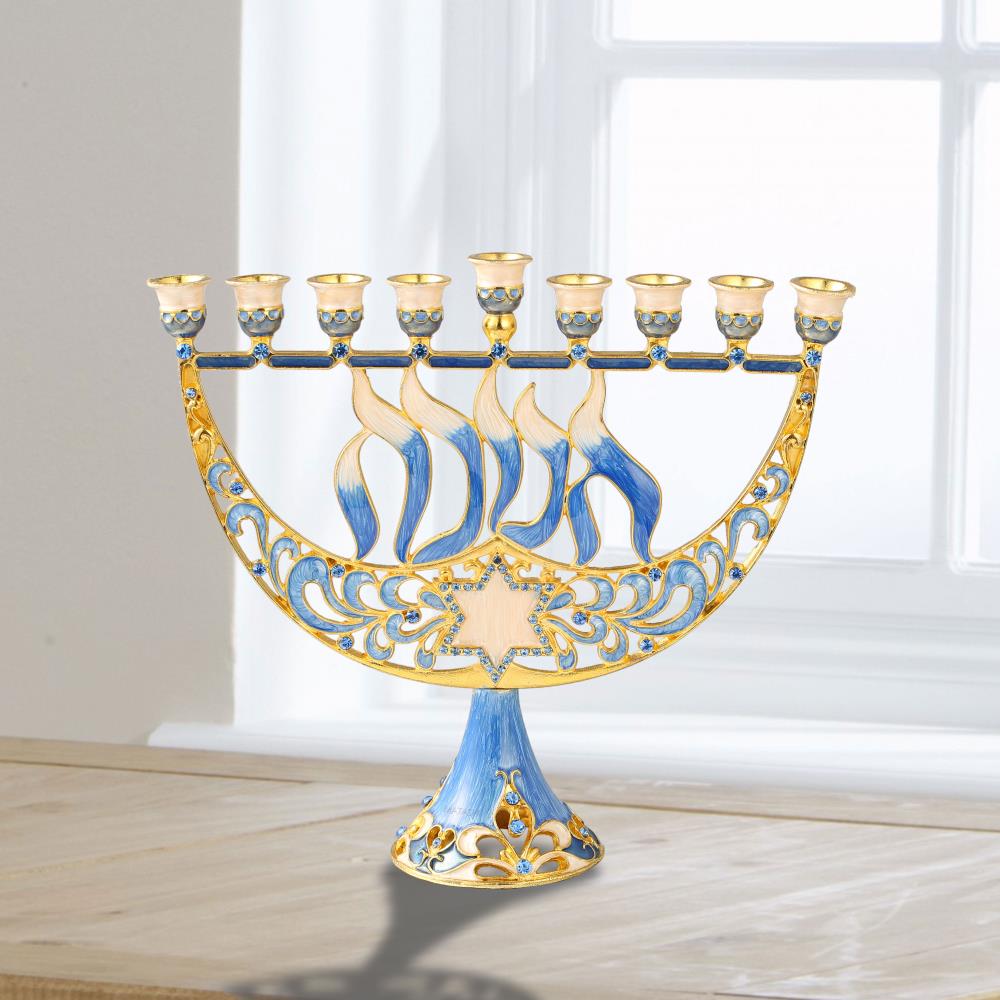 Classic Blue Hand Painted Enamel Menorah Candelabra Embellished with Gold Accents and Crystals by Matashi