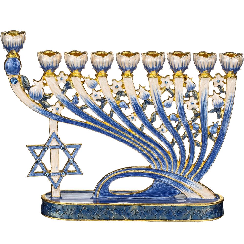 Modern Flow /& Star of David Design Matashi Hand Painted Enamel Menorah Candelabra Embellished with Gold Accents and Crystals