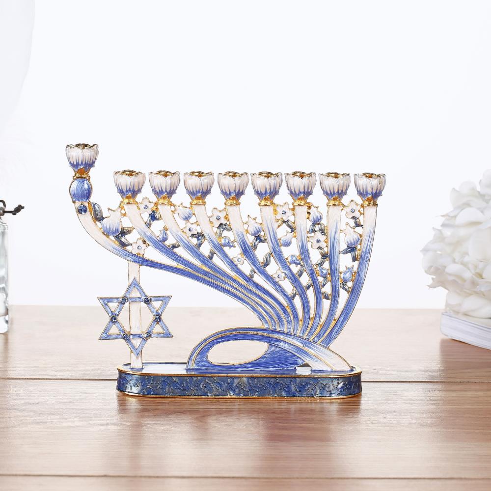 Classic Blue Hand Painted Enamel Menorah Candelabra Embellished with Gold Accents and Crystals by Matashi