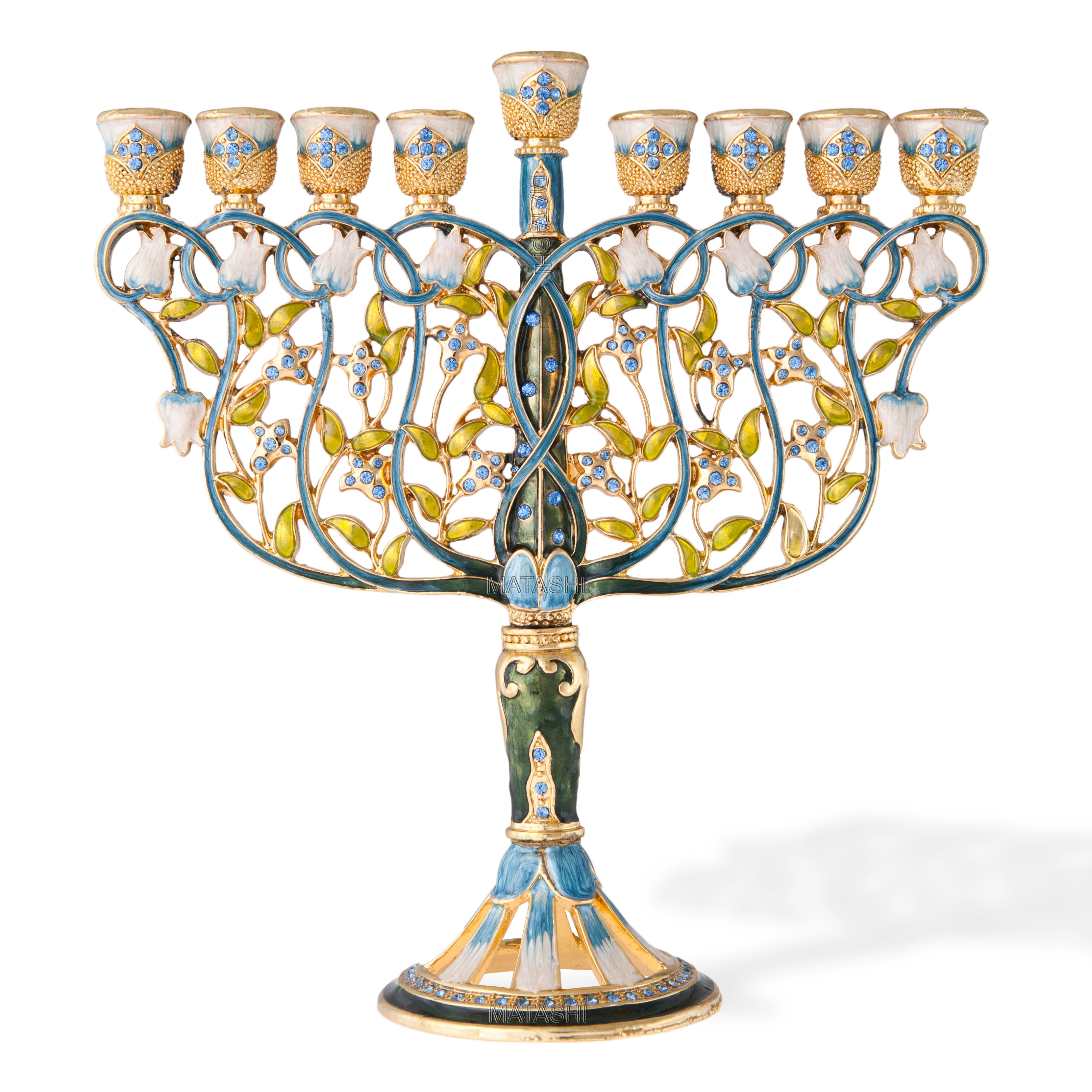 Matashi Hand Painted Blue and Ivory Regal Lion Menorah Candelabra Embellished with Gold Accents and Crystals Jewish Candle Holder Hanukkah Gift for Housewarming Showpiece for Living Room Matashi Hand Painted Blue and Ivory Regal Lion Menorah Candelabra Embellished with Gold Accents and Crystals Jewish Candle Holder Hanukkah Gift for Housewarming Showpiece for Living Room