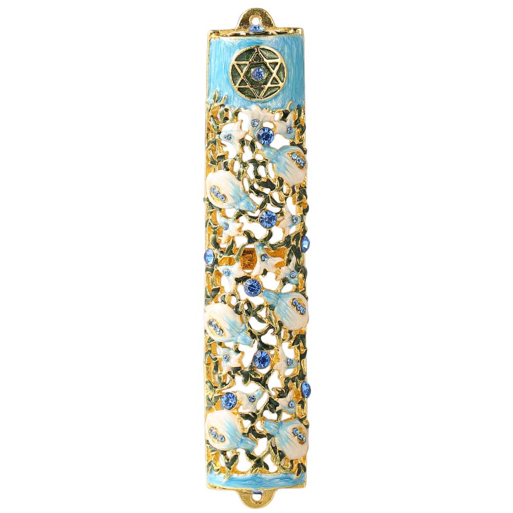 Blue Enamel Mezuzah Jerusalem City Matashi Hand Painted Mezuzah Gold Plated and Crystals Blue Enamel Mezuzah Jerusalem City Matashi Hand Painted Mezuzah Gold Plated and Crystals