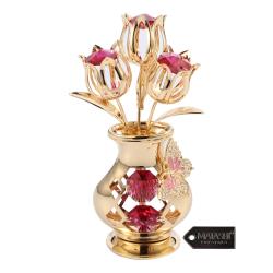 24K Gold Plated Crystal Studded Flower Ornament in Vase with Decorative Butterfly by Matashi (Red Crystals)
