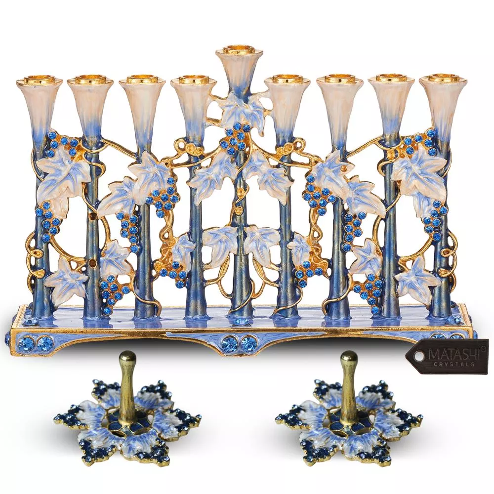 Hanukkah Celebration Bundle - Hand-Painted Blue & Ivory Tulip Menorah, 2 Spinning Dreidels, Gold Accents, Crystals, Gift & Decor, by Matashi