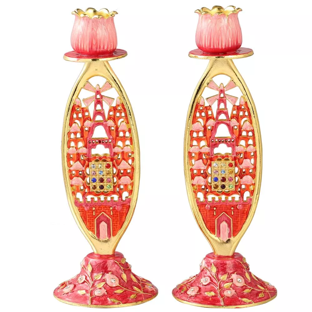 Shabbat Candlestick (2-Piece Set) Hand-Painted, Gold-Plated Pewter | Tall, Vintage Craftsmanship | Adorned w/ Priestly Breastplate | Personal or Religious Enjoyment