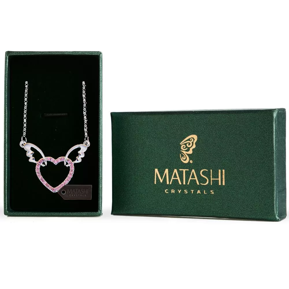 Rhodium Plated Necklace with Winged Heart Design with a 16" Extendable Chain and High Quality Pink Crystals by Matashi