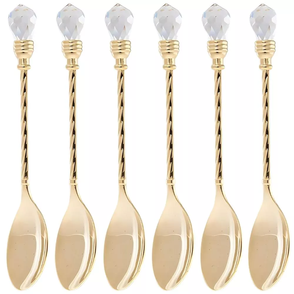 24K Gold Plated Crystal Topped Dessert Spoons by Matashi (Set of 6)