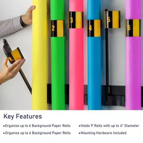 Impact Seamless Paper Wall Rack Pro – Magnetic Background Paper Roll Organizer for Up to 6 Rolls, Holds 9' Rolls with 4" Diameter, Durable Aluminum Construction, Includes Mounting Hardware-Ideal for Studio, Office
