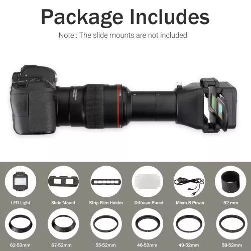 Vello 35mm Negative and Slide Digitizer - Efficiently Convert 35mm Film and Slides to Digital with USB-Powered LED Light, USB Micro-B Cable, and Six Lens Adapters - Compatible with Canon, Nikon, Sony Macro Lenses