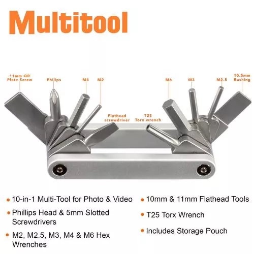Vello 10-in-1 Multi-Tool- Stainless Steel, perfect for photographers/videographers. Includes screwdrivers, hex/torx wrenches, and storage pouch- Compact and versatile for all your needs