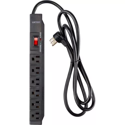 Watson 6-Outlet Surge Protector – 1200 Joules, 6' Cord, Right-Angle Plug, LED Indicator, $50K Equipment Coverage, and Rear Wall Mounts for Convenient and Organized Power Management at Home or Office (Black)
